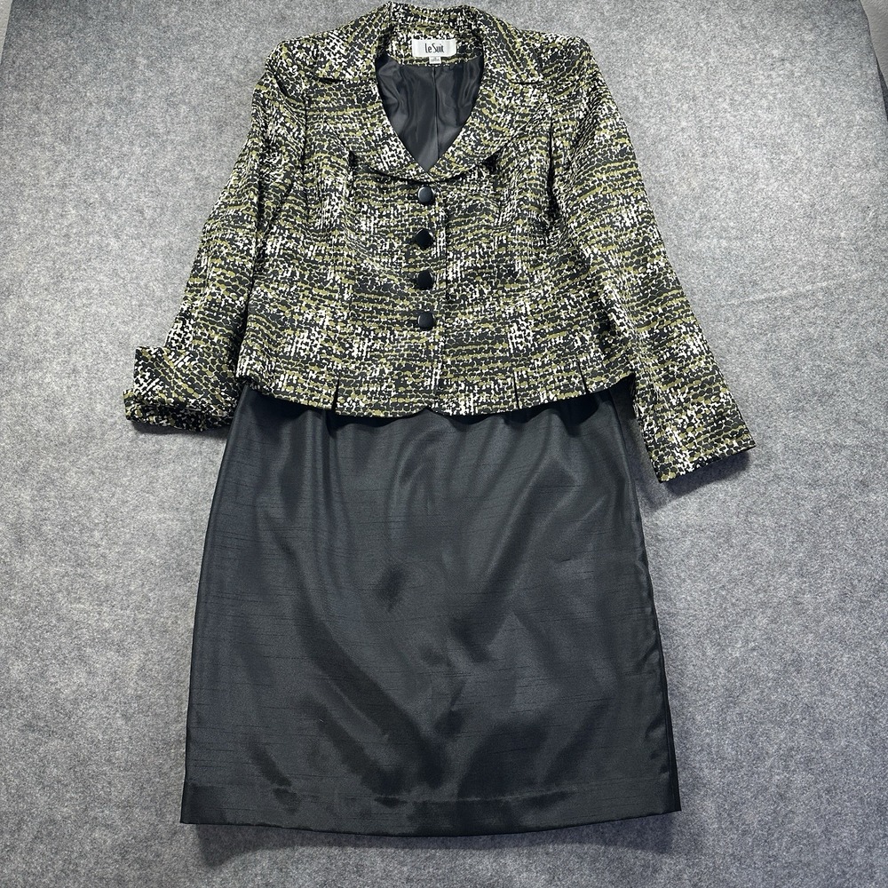 Le Suit Skirt Suit Women 10 Olive Green Black Abstract Button Jacket 2pc Set